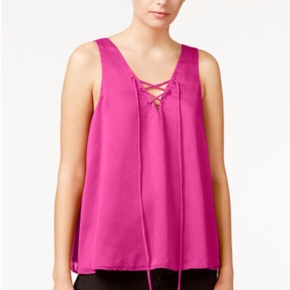 RACHEL Rachel Roy Pink Pashiom Sheer Lace-up Tank Top - Picture 1 of 4